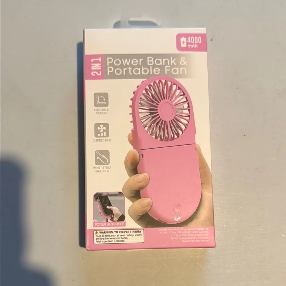 Pink 2-in-1 Power Bank & Portable Fan New In Package